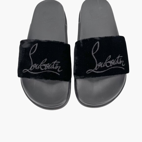 Christian Louboutin 'Navy Pool' Slide Sandals Size 37 US 7 Black Velvet Logo - Picture 4 of 12